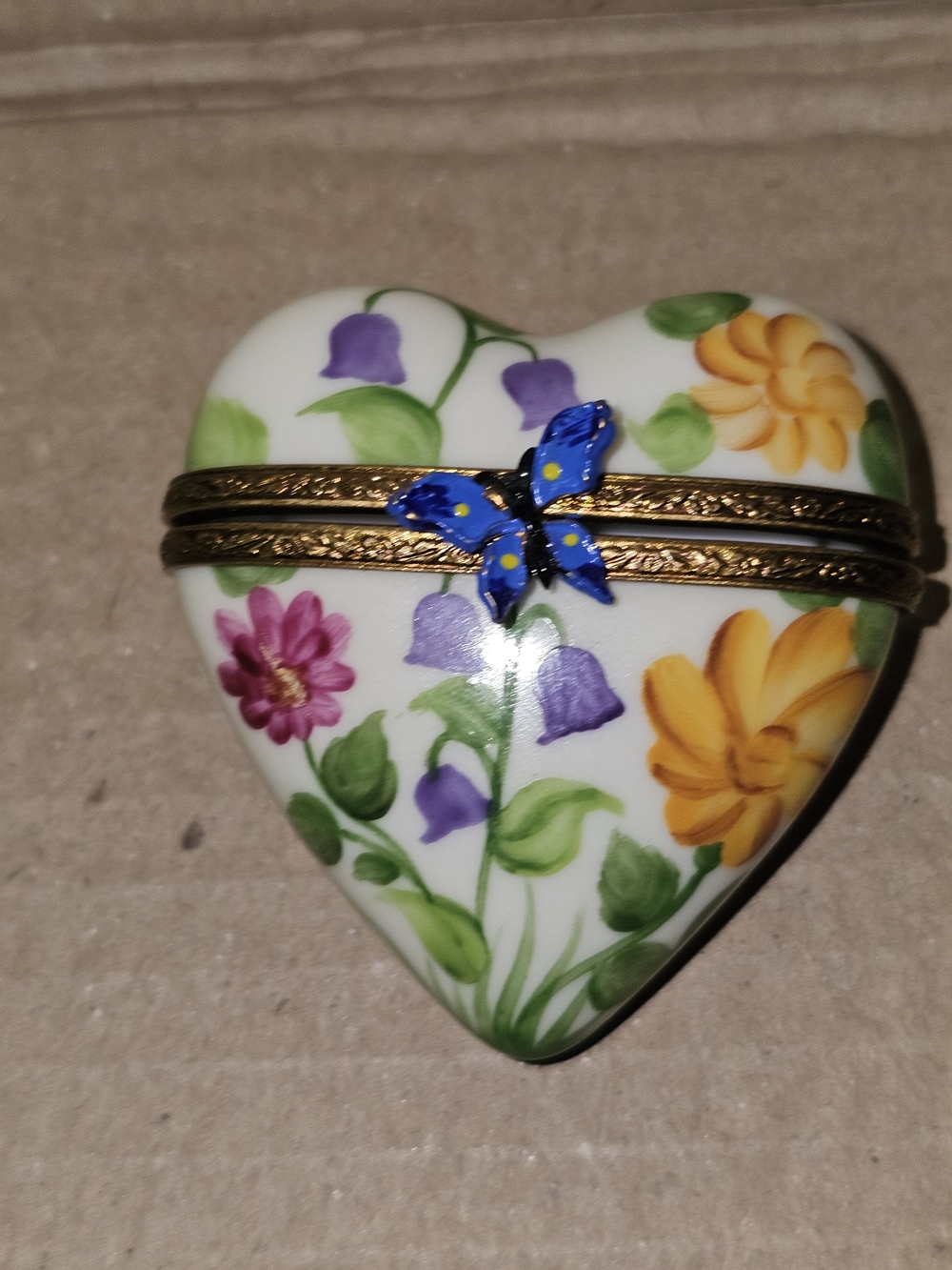 Limoges Hand-Painted Porcelain Heart Trinket Box with Butterfly Accent